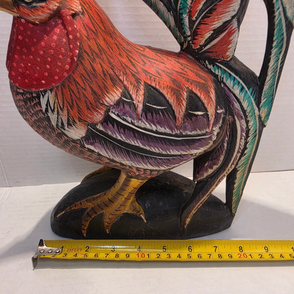 Hand Carved Wooden Rooster Figurine Hand Painted Folk Art Sculpture Rustic Decor - Picture 9 of 10
